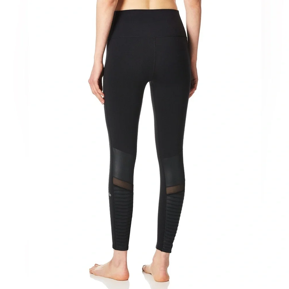 Alo Yoga 7/8 High Waist Moto Mesh Ribbed Panel Black Leggings Size XS